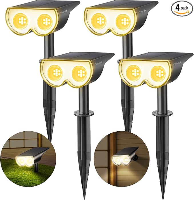 Consciot Solar Spot Lights Outdoor, 16 LEDs IP67 Waterproof, Auto On/Off Landscape Spotlights, 2-in-1 Adjustable Wall Lights for Garden Yard Pathway, 4 Pack (Warm White)