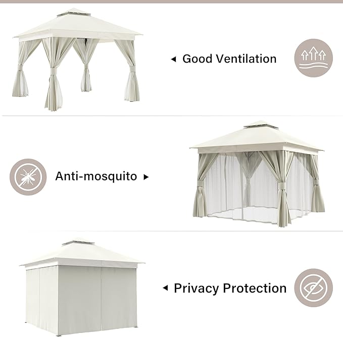 LAUSAINT HOME Semi-Permanent Outdoor Patio Gazebo 10'x10', Heavy Duty Party Tent Shelter with Double Roofs, Mosquito Nettings and Privacy Screens for Backyard, Garden, Lawn, Cream White