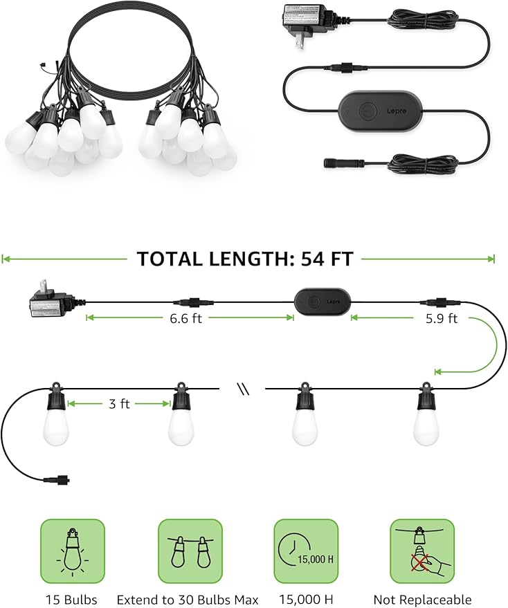 Lepro ZB1 AI Smart Outdoor String Lights APP Control, 54(42+12) ft RGB+IC+Warm White Outdoor Lights 15 LED Bulbs, Alexa Google Home Enable, AI Generated Lighting LLM, NO Remote 2.4 GHz WiFi+Bluetooth