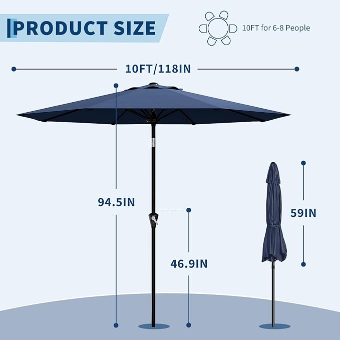 Garvee 10FT Patio Umbrella - Outdoor Table Umbrella with Smooth Crank Lift, Push Button Tilt and 8 Sturdy Ribs - Market Umbrella UV Protection Waterproof for Pool, Deck, Yard, Garden (Navy Blue)