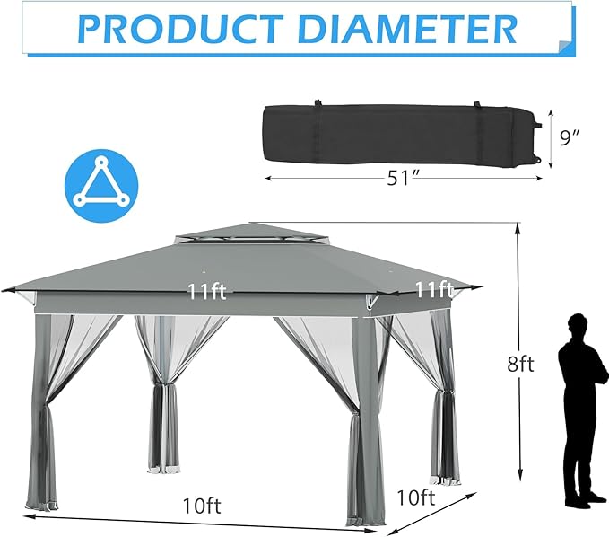 ECOTOUGE 11FT Pop Up Gazebo, Canopy Tent with Mosquito Netting,Instant Shelte Gazebo w/Carrying Roller Bag Waterproof and UV Resistant Canopy Tent for Grill, Garden and Backyard(Dark Grey)