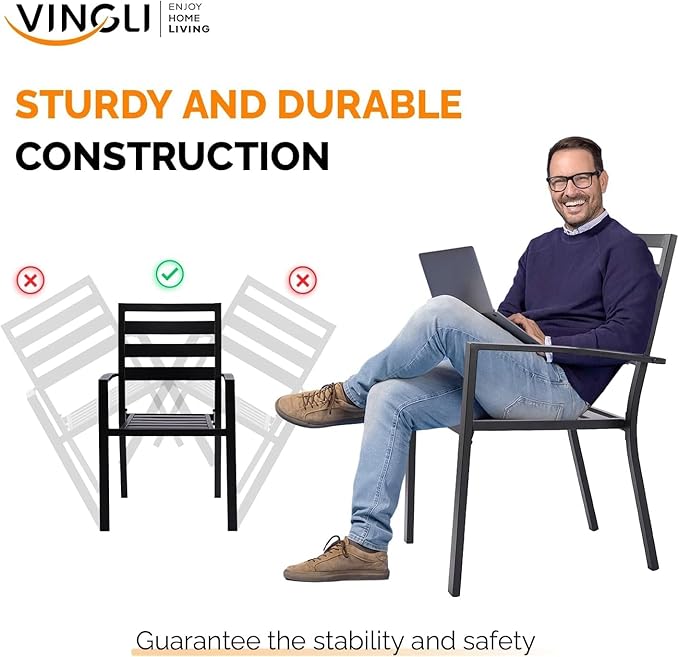 VINGLI 5-Piece Outdoor Dining Set, Metal Patio Dining Set for 4, Square Dining Table with Umbrella Hole & 4 Patio Chairs for Porch, Balcony and Backyard