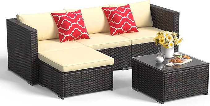 Aiho Patio Furniture Set All Weather Outdoor Sectional Patio Sofa Set with Tempered Coffee Table, for Backyard Porch, Beige