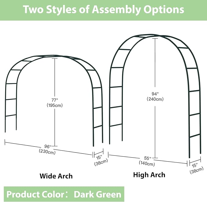 RUBFAC 94" Metal Garden Arch Trellis for Climbing Plants Outdoor, Garden Arbors and Arches, Halloween Archway for Pumpkin Balloon Rose Vines Wedding Christmas Birthday Party Decorations, Army Green