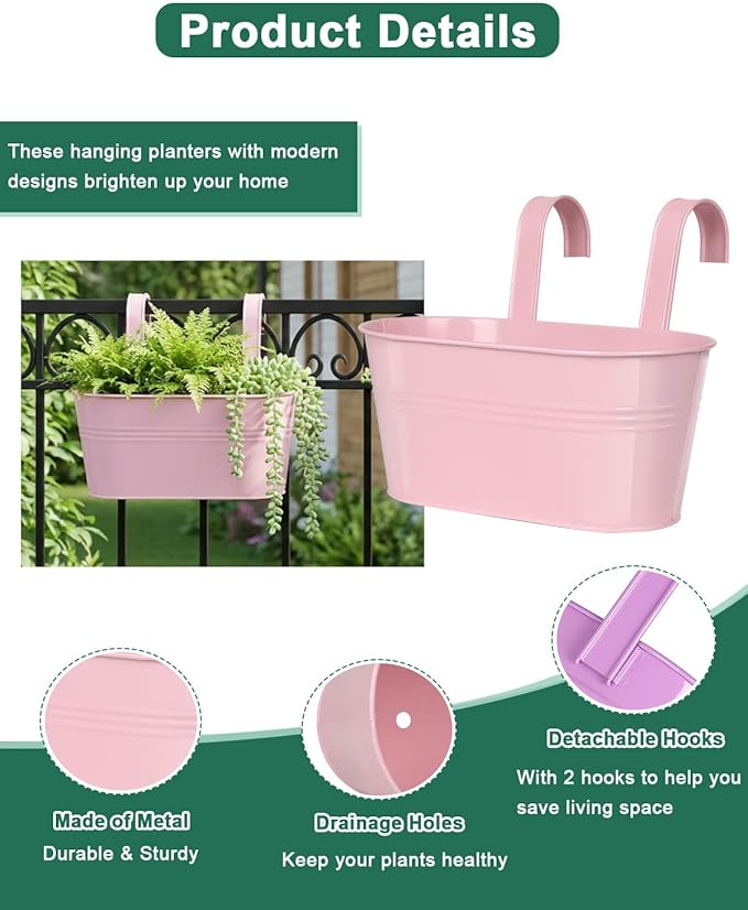 Railing planter box - 3 Pack Metal Hanging Flower Pots with Detachable Hooks & Drainage Holes, Window Oval Bucket Fence Hanging Planters for Outdoor Plants Garden Balcony Home Decor, Purple Pink Blue