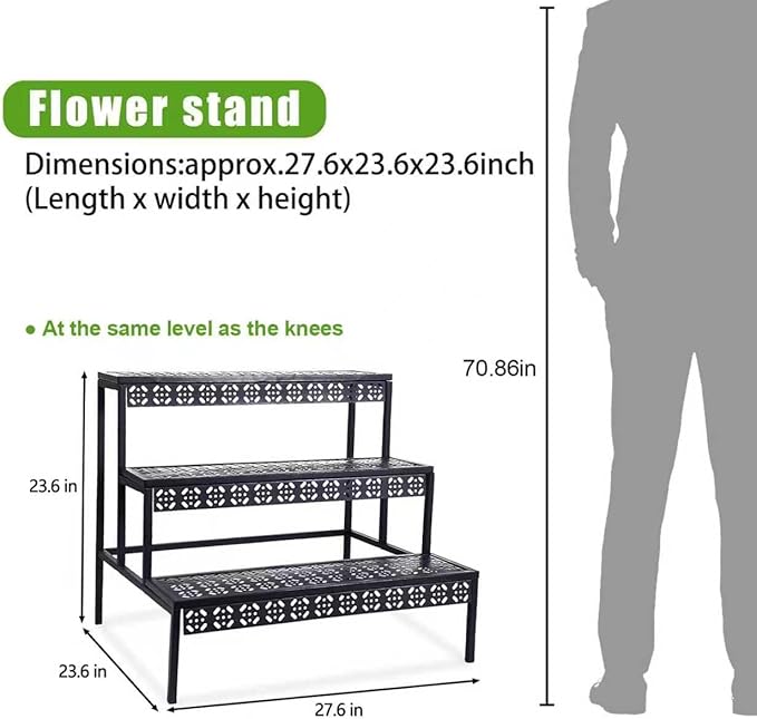 aboxoo 3 Tier Stair Style Large Metal Plant Stand, Garden Display Shelf Flower Pot Holder Storage Organizer Rack for Indoor Home Outdoor Patio Balcony Yard( Black, Rectangle)