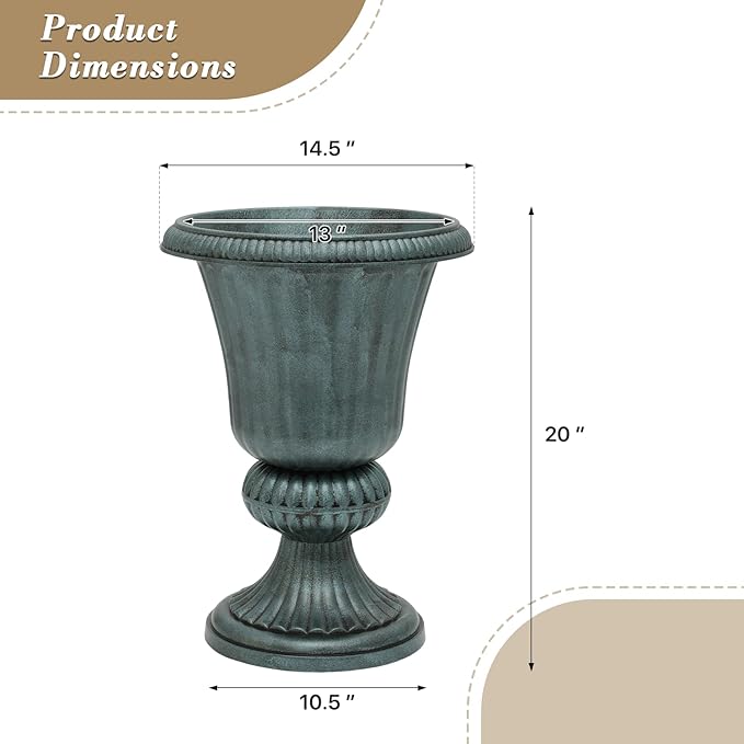 Athena Collection 20''H Bronze Garden Plastic Urn - Vintage Tall Large Planter for Indoor Outdoor Patio Porch, 2 Pieces Flower Pot, Dark Green