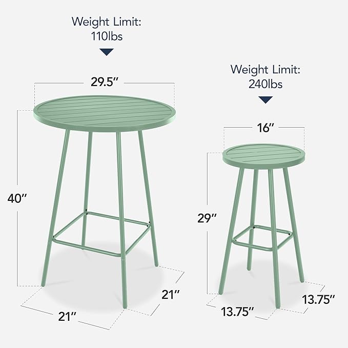 Best Choice Products 3-Piece Patio Dining Set, Bar Height, Outdoor Bistro Set, Outdoor Round Bar Table w/ 2 Bar Stools, Steel - Sage