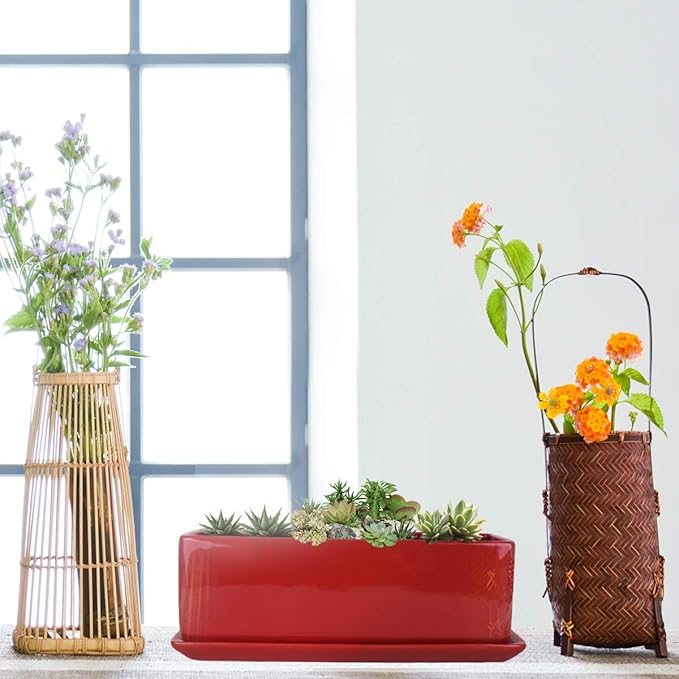 Vencer 12 Inch Rectangular Modern Minimalist Ceramic Succulent Planter Pot - Window Box with Saucer,Office Desktop Potted Stand,Red,VF-0135R