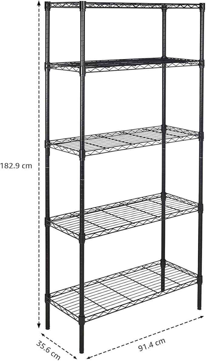 Amazon Basics 5-Shelf Adjustable Heavy Duty Steel Wire Storage Shelves for Garage, Kitchen, Easy Assembly, 36" x 14" x 72", Black | Heavy Duty, Adjustable, for Kitchen, Garage, Shelving Organizer