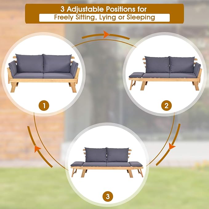 Tangkula Convertible Acacia Wood Patio Couch Sofa Bed with Adjustable Armrest, Outdoor Daybed with Cushion & Pillows, Outside Folding Futon Sofa Couch Bench for Porch, Courtyard, Poolside & Garden