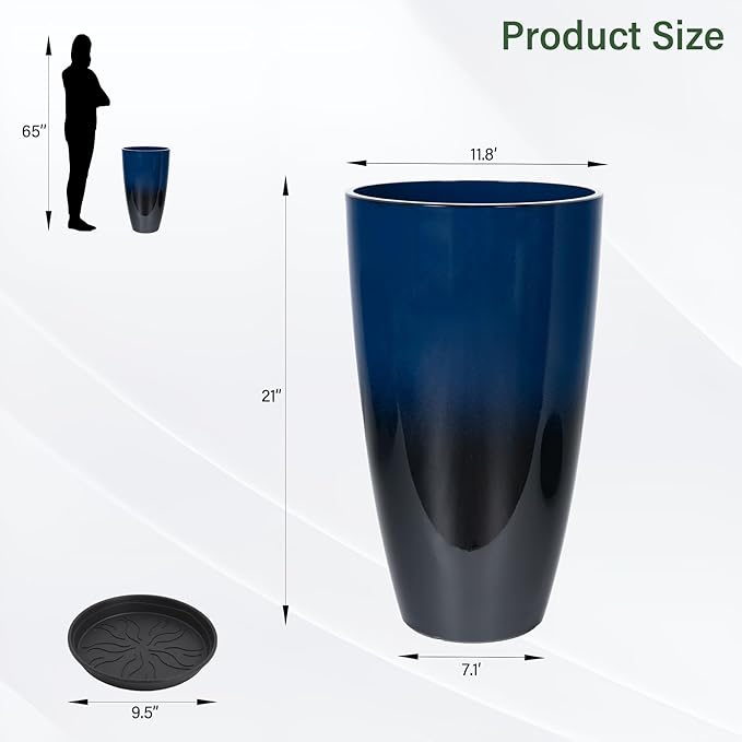 Set of 2 Lightweight Ceramic-Look Tall Planter, 21 inch Large Plastic Planter with Drain Hole & Saucers, Large Outdoor Planters for Porch, Garden, Patio, Balcony(Dark Blue)