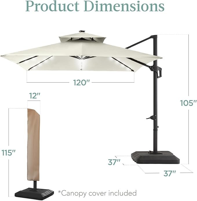 Best Choice Products 10x10ft Cantilever Patio Umbrella w/Base Included, Solar LED Lights 360 Rotation Large Offset Hanging Outdoor Shade for Deck Pool Backyard w/Stand – Ivory
