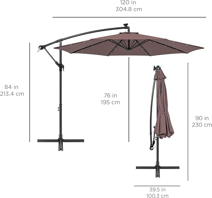 Best Choice Products 10ft Solar LED Offset Cantilever Hanging Market Patio Umbrella, 8 Sturdy Ribs, Easy Adjustment - Deep Taupe