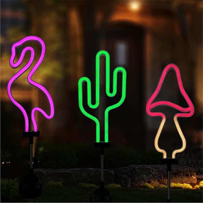 Flamingo Cactus and Mushroom Solar Garden Stake Lights Outdoor Waterproof Neon Lights Decoration,Outdoor Solar Pink Flamingos Lights for Outside,Yard,Pathways,Patio, Lawn or Landscaping Decor(3pcs)