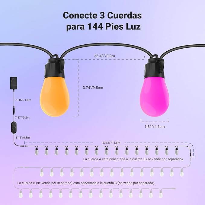 NEEWER 48ft Outdoor String Lights, App Control Smart AI RGBW Hanging Outside Patio Balcony Backyard Holiday Lighting, IP65 Waterproof, 15 LED Bulbs, 50+ Scenes, Compatible with Alexa Google, NR01