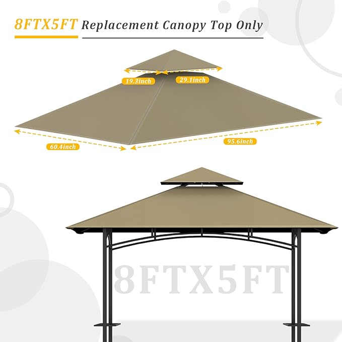 Grill Gazebo Replacement Canopy Top - AONEAR 5'x8' Outdoor BBQ Tent Roof Cover Double Tiered Outdoor Grill Shelter Fit for Model L-GG001PST-F (Khaki)