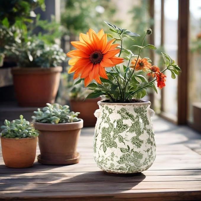 Vintage Plant Pot Rustic Planter Container with Drainage Hole Ceramic Ice Crack Flower Pot Decorative Planter for Indoor and Outdoor Tuscan Decor Vase Gardening Gift (Green)