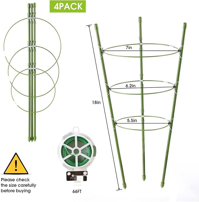 Kgozwon 4 Pack Tomato Cage Plant Support Cages for Garden, 18 inches Trellis for Climbing Plants, Upgrade Garden Plant Stakes with Adjustable Ring, Tomato Rings for Support, with Twist Tie