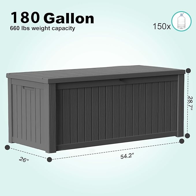 180 Gallon Outdoor Deck Box, Lockable Waterproof Outdoor Storage Boxes For Garden Tools,Indoor Cushions,Accessories Outside Storage Resin Weatherproof Container(Black)