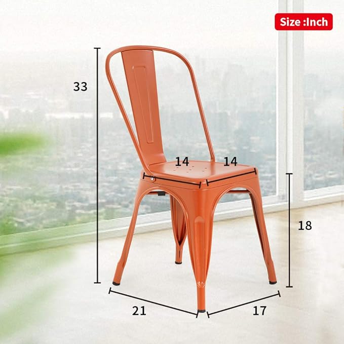 FDW | Set of 4 Metal Dining Chairs | Orange | Stackable Tolix Side Chairs with Backrest | Scratch-Resistant | Non-Slip Feet | Indoor/Outdoor Use | 330 lbs Capacity | Ideal for Kitchen & Restaurant