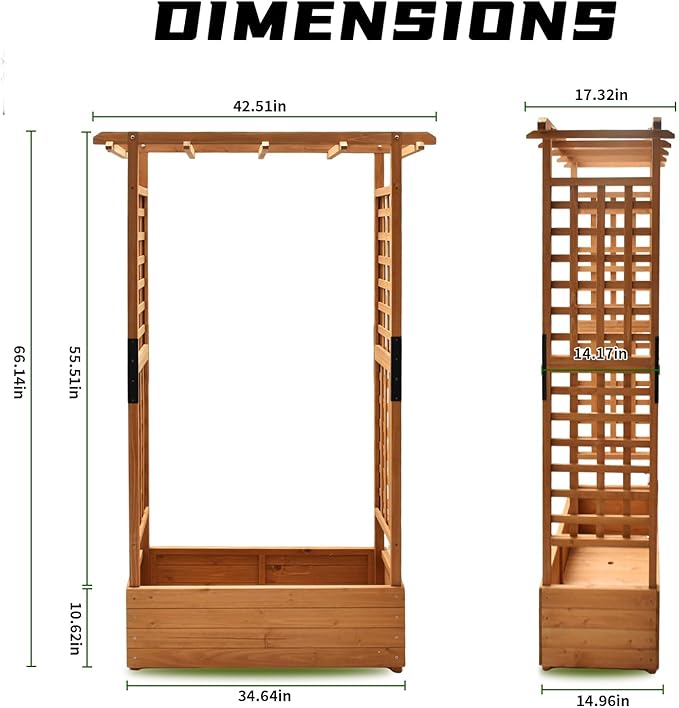 Raised Garden Bed Wooden Patio Planter with Trellis Outdoor Climbing Cucumber Box Pots Tomato Flower Vegetable Herb Porch, Tall Hanging Roof, Orange, 42.5" L x 17.3" W x 66.1" H
