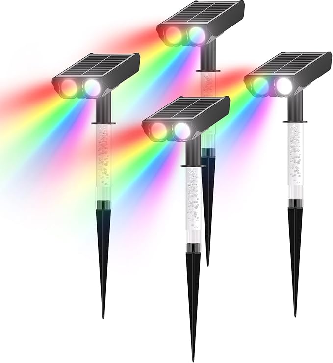 Color Changing Solar Spot Lights Outdoor with PC Light Guide Column, 8 Lighting Modes Christmas Outdoor Spotlight, IP65 Waterproof RGB Solar Spotlight for Garden Yard Tree Pathway, 4Pack