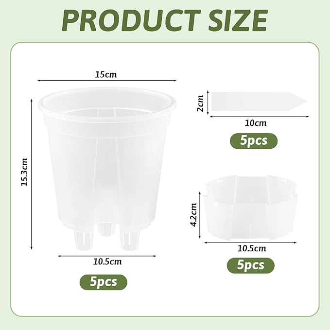 Clear Self Watering Pots for Indoor Plants with 9 Plant Labels, Deep Reservoir, High Drainage Holes, Bare Root Planter for Indoor/Outdoor Plants (5PCS)