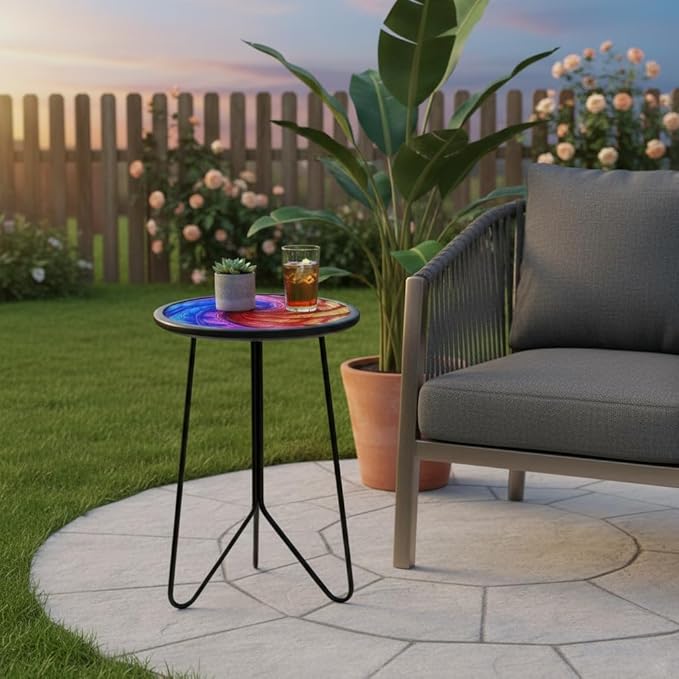 LIFFY Patio Side Tables,12" Metal Outdoor Side Table with Colorful Glass Tabletop,Small Round Decorative Metal End Table & Plant Tables for Home Garden Yard Balcony