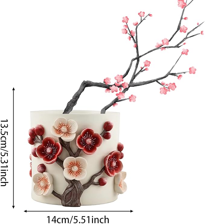 Flower Pot, 5 Inch Cute Plant Pots with Plum Blossom Design, Resin Decorative Flower Pots with Drainage for Indoor Plants, Succulents, Home and Garden Decor
