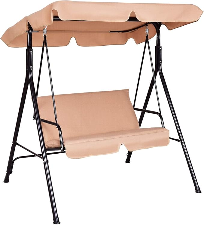 Tangkula 2 Person Porch Swing, Outdoor Swing with Removable Cushions, Solid Steel Structure, Patio Swing with Adjustable Canopy for Porch, Backyard, Garden, Balcony Beige