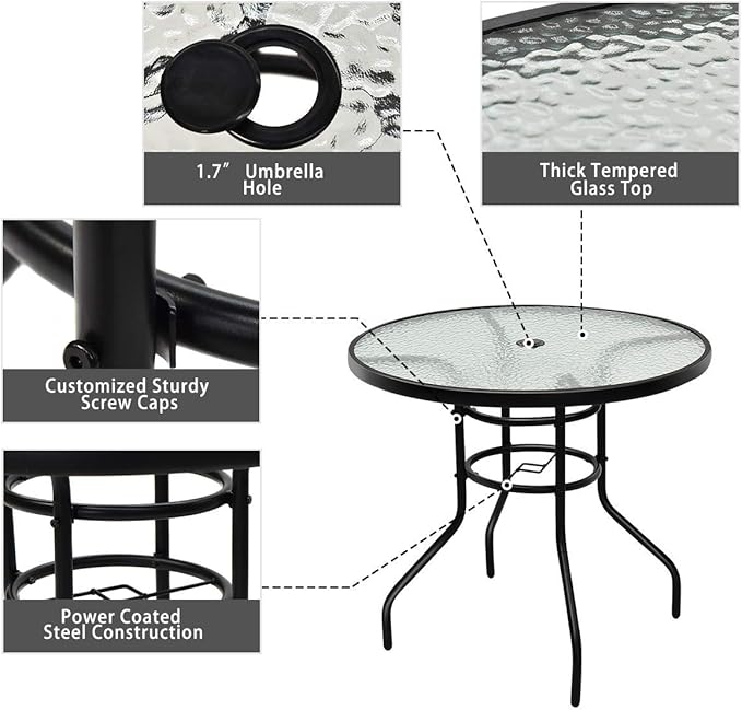 Tangkula 32" Round Outdoor Table with Tempered Glass Top, Patio Dining Table with Umbrella Hole & Metal Frame, Outside Bistro Table for Backyard, Lawn, Deck & Poolside