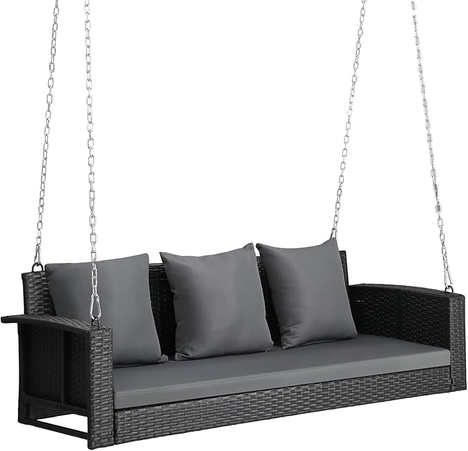 Outvita Porch Swing, 5FT Hanging Outdoor Porch Swings for Adults, Wicker 3 Person Patio Swing, with Cushion, Pillow and Chain for Garden, Backyard, Weight Capacity - 1000lbs