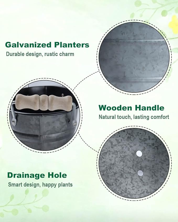 15 Inch Galvanized Planters for Outdoor Plants - 3 Pcs Rustic Large Metal Flower Buckets with Drainage & Plug, Farmhouse Style Oval Containers with Handles, Great for Home Decor, Galvanized Black