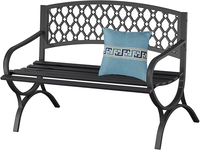 On Shine 50'' Patio Garden Bench, Loveseats Patio Park Bench,Black Steel Cast Iron Frame Bench,Metal Bench Outdoor for Porch Yard Lawn Deck (Grid)