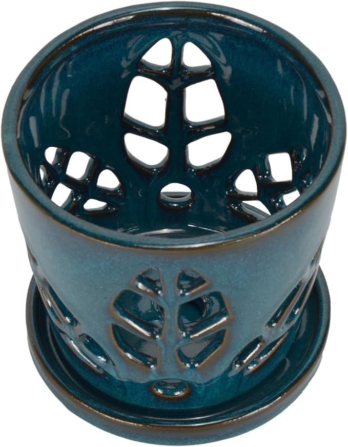 W&W Orchid Pot with Holes and Saucer for Repotting, Teal, 5.5 Inch