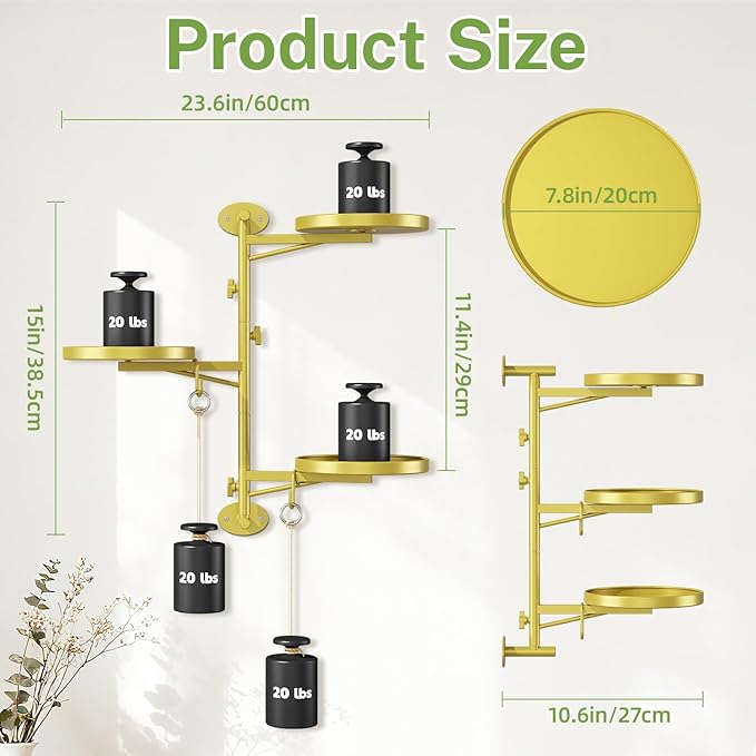 iDavosic.ly Rotating Window Plant Shelves, 3-Tier Metal Wall Stand with 2 Hooks, Flower Display Holder Rack for Living Room, Space Saving, Gold (Pots/Chains/Plants Not Included)