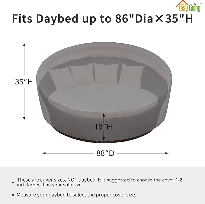 Easy-Going Heavy Duty 600D Outdoor Daybed Cover 88 Inch UV Resistant Patio Round Sofa Cover Waterproof Outdoor Canopy Daybed Sofa Cover with Air Vent 88" Dia x 35"/18" H, Grey