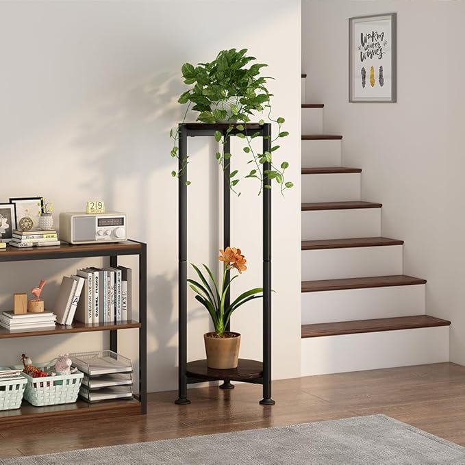 Plant Stand Indoor Outdoor 2 Tier Tall Metal Corner Storage Tiered Plant Shelf Holder Multiple for Living Room Balcony Garden,Black (2 Tier-Black Oak Round)
