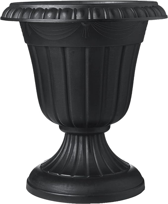 Arcadia Garden Products PL00BK Classic Traditional Plastic Urn Planter, 16” x 18”, Black