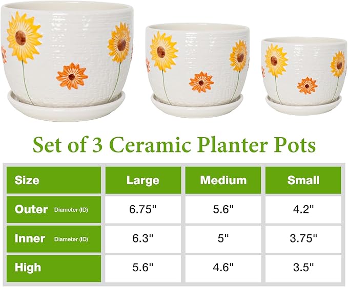 Ceramic Plant Pots Set of 3, 6.75/5.6/4.2 inch Planters with Drainage Holes and Saucer, Flower Pots Outdoor Indoor, Modern Decorative Planters for House Plants Garden Planters Succulent Pots