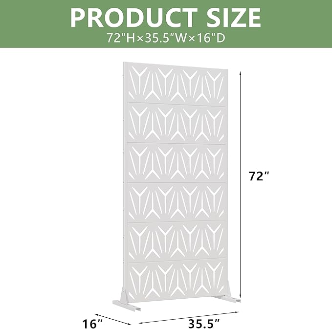 Casaphoria Metal Privacy Screen Outdoor, 72" H x 35" W Freestanding Decorative Privacy Screen for Patio Deck Balcony Garden with Stable Base, White-Star