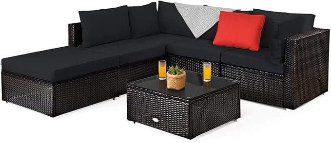 Tangkula 6 Piece Patio Furniture Set, Outdoor Deck Lawn Backyard Durable Steel Frame PE Rattan Wicker Sectional Sofa Set, Conversation Set with Coffee Table (Black)