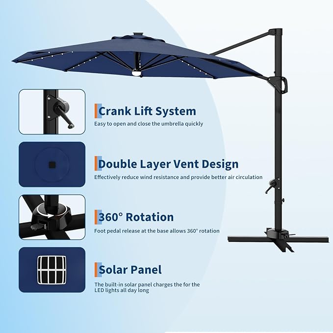 Garvee 10 ft Cantilever Patio Umbrella with Solar Lights, 360° Rotation Offset Umbrella, Easy Crank & Tilt Adjustment, UV Protection for Backyard, Poolside, Deck -Navy Blue