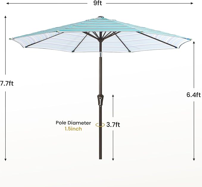 MEWAY 9ft Patio Umbrella Outdoor Table Umbrellas with Push Button Tilt and Crank, Market Umbrella 8 Sturdy Ribs for Deck, Garden, Pool and Backyard, Blue Green Stripe