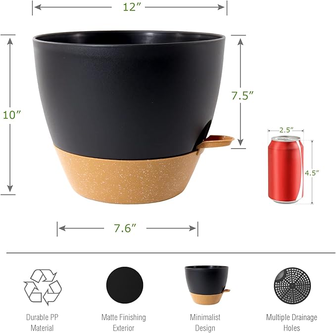 12inch 2Pack Large Self Watering Planters, Plastic Plant Pots with 60oZ Removable Deep Reservoir and Multi Mesh Drainage Holes for Indoor Outdoor Garden Plants and Flowers, Black with Brown