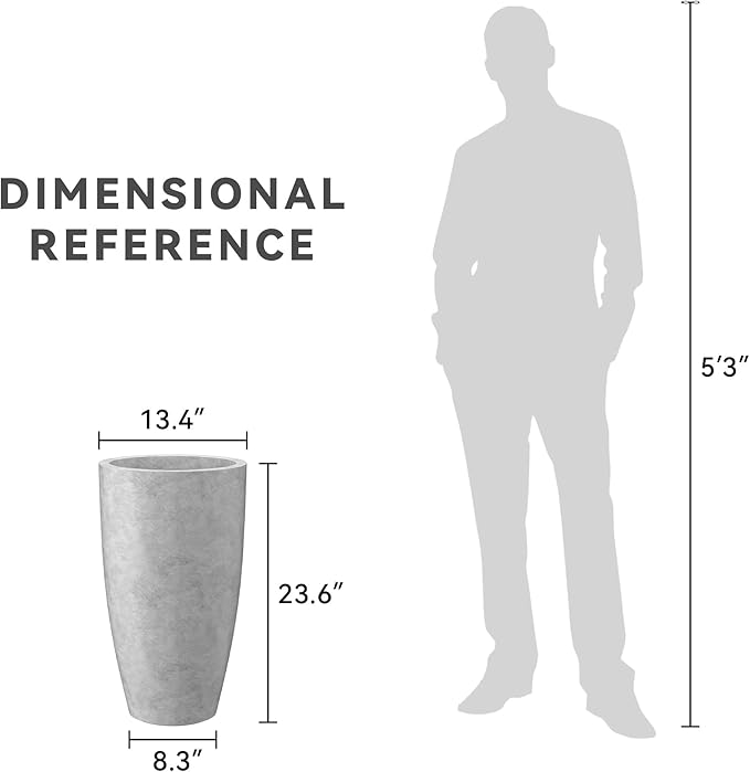 Kante 23.6" H Natural Concrete Tall Planters (Set of 2), Large Outdoor Indoor Decorative Plant Pots with Drainage Hole and Rubber Plug, Modern Style for Home and Garden