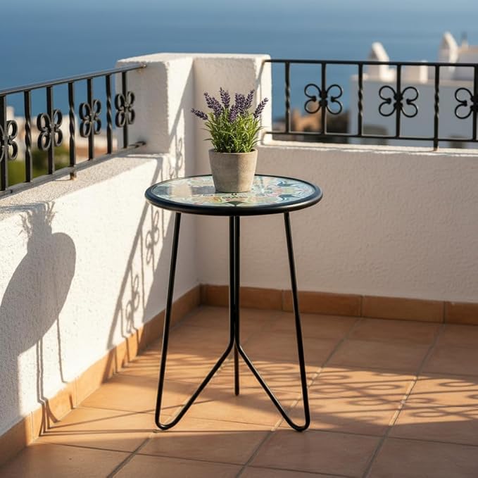 LIFFY Patio Side Table, 12" Outdoor Metal Side Table with Glass Top, Indoor Round Accent End Table for Living Room or Bedroom, Small Decorative Plant Stand Table for Garden Yard Balcony