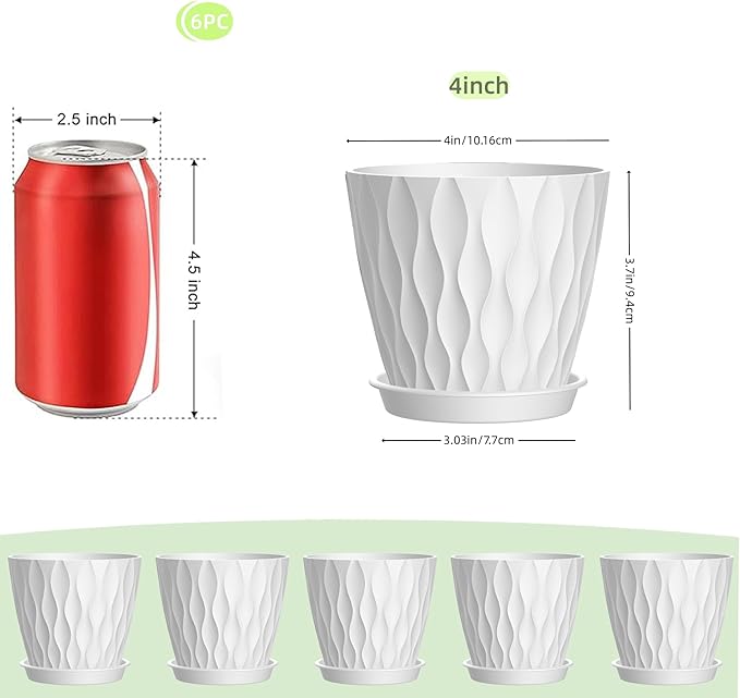 4 Inch Plant Pots, 6 Pack Indoor Flower Pots, Planters with Drainage Holes and Trays for Orchids, Violets, Succulents, Herbs, and Other Plants,White