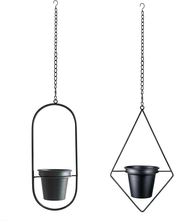 Modern Hanging Planters for Indoor Plants, Metal Plant Hanger with 5 inch Flower Pot, Set of 2 Black Plant Holder in Diamond and Oval Shape, Small Wall and Ceiling Hanging Pot for Outdoor Plants